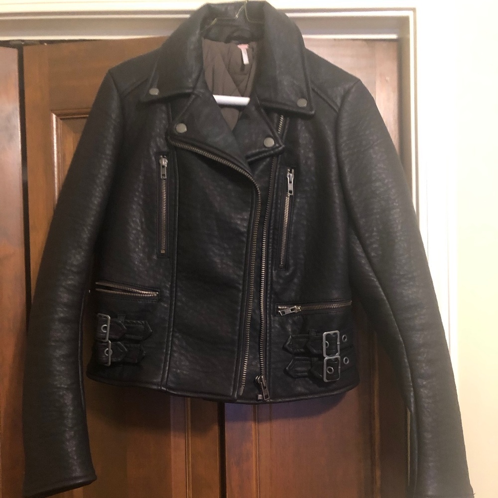 Black Free People Vegan Leather Moto Biker Jacket